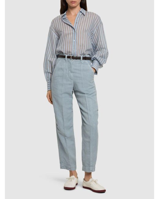 Pantalones anchos de algodón y lino Brunello Cucinelli de color Blue