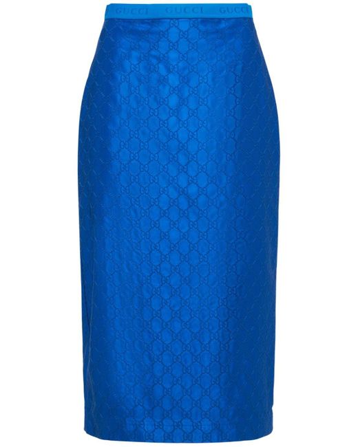 Gucci Blue Embroidered Silk Logo Pencil Midi Skirt