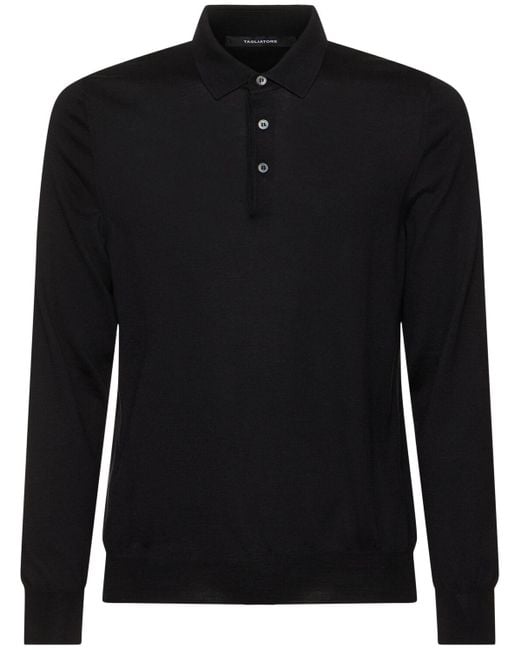 Tagliatore Black Pablo Silk & Cotton Long Sleeved Polo for men