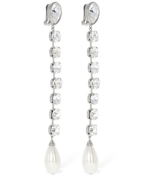 Alessandra Rich White Crystal Long Earrings W/ Faux Pearl