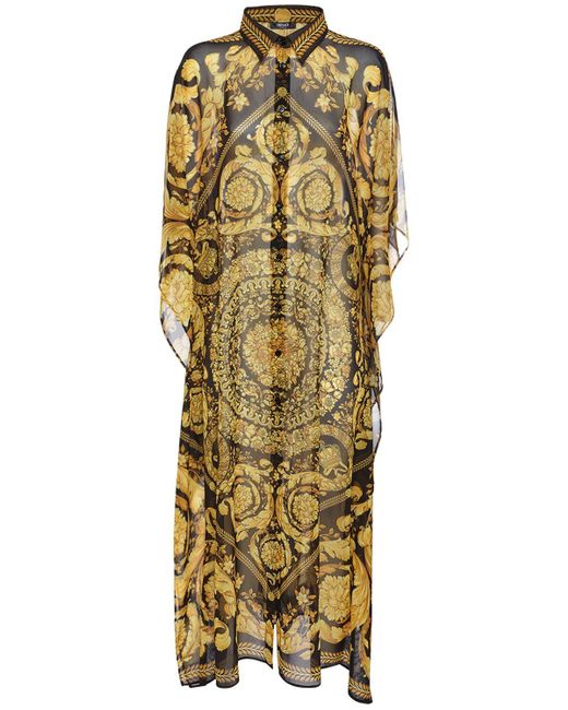 Versace Metallic Barocco Print Long Chiffon Kaftan Dress