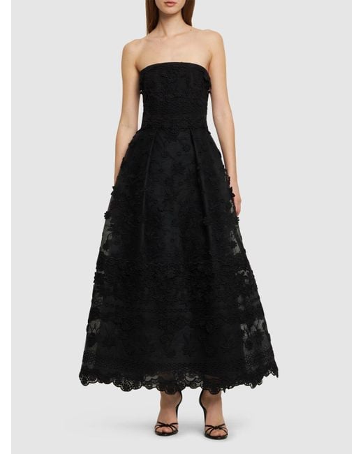 Elie Saab Black Embroidered Tulle Strapless Midi Dress