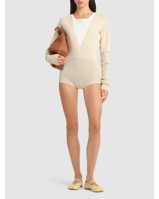Entire studios Natural Deep V-Neck Long Sleeve Knit Bodysuit