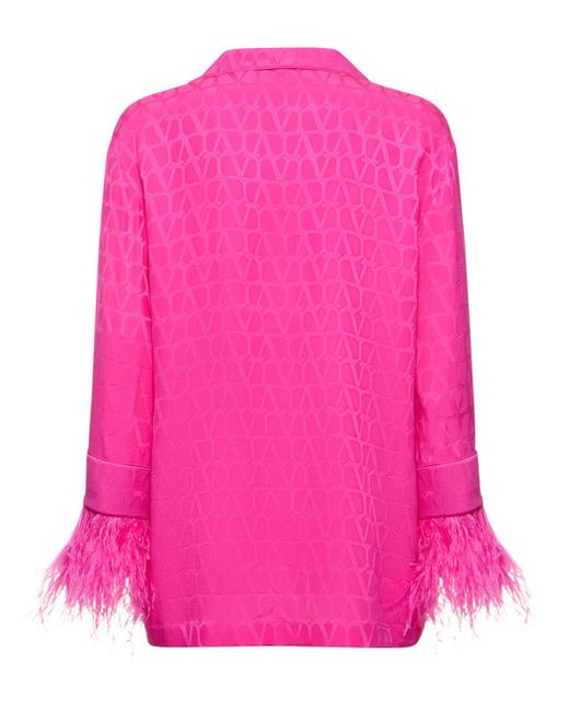 Valentino Pink Logo Jacquard Silk Shirt W/feathers