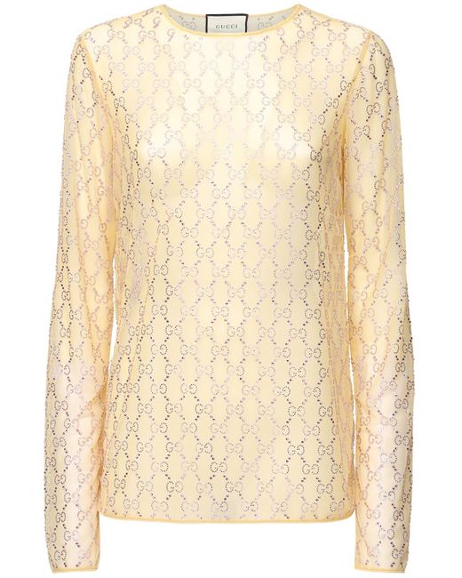 Gucci Natural Crystal Embroidered Sheer Tulle Top