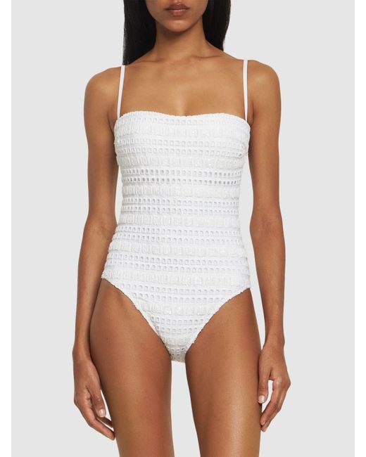 Ermanno Scervino White Embroidered Sequined One Piece Swimsuit