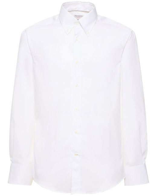 Brunello Cucinelli White Cotton Twill Button Down Shirt for men