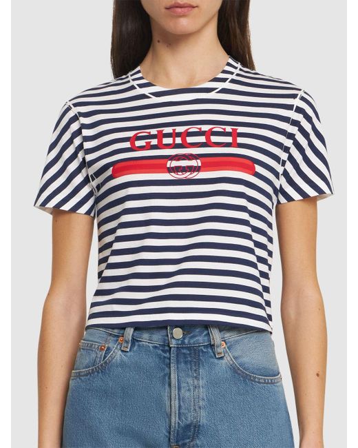 Gucci Blue Striped Jersey T-shirt W/ Print
