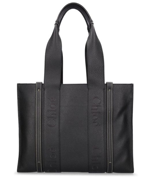 Chloé Black Medium Woody Leather Tote Bag