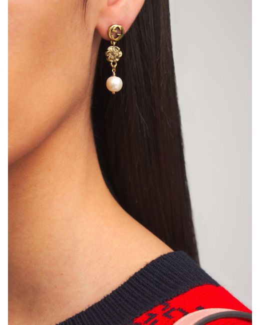 Gucci Metallic Gg Flower Imitation Pearl Earrings