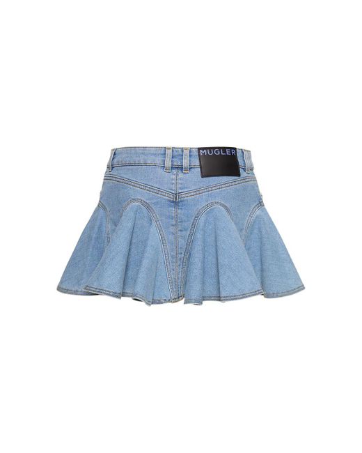 Mugler Blue Ruffled Cotton Denim Mini Skirt