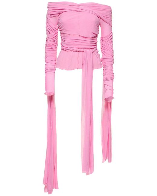 Acne Pink Off-shoulder Draped Jersey Crop Top