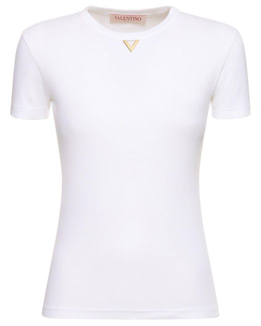 Valentino White Cotton Rib Jersey Logo T-shirt