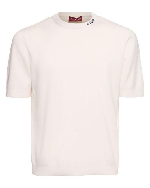 T-shirt in seta e cotone con logo a intarsio di Gucci in White da Uomo