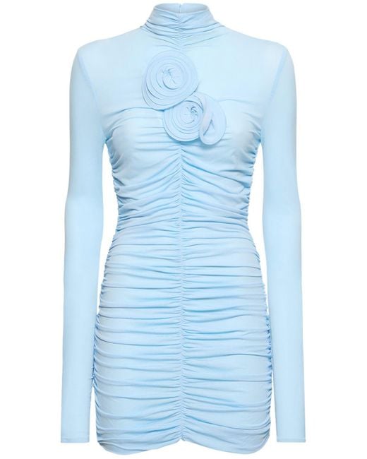 Magda Butrym Blue Ruched Jersey Mini Dress W/Roses