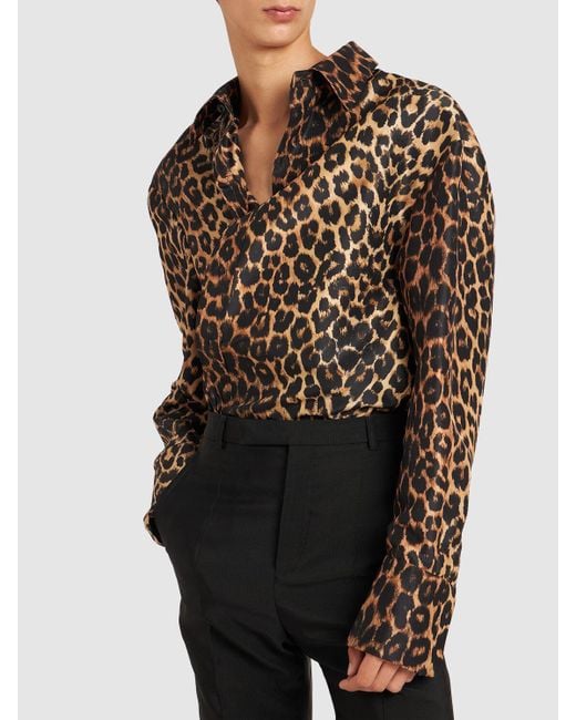 Saint Laurent Black Leopard Print Silk Shirt for men