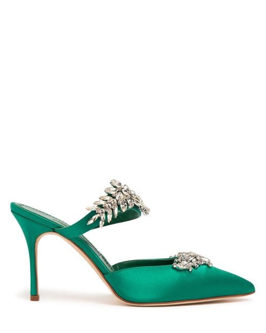 Manolo Blahnik Green Lurum Crystal-Embellished Satin Mules