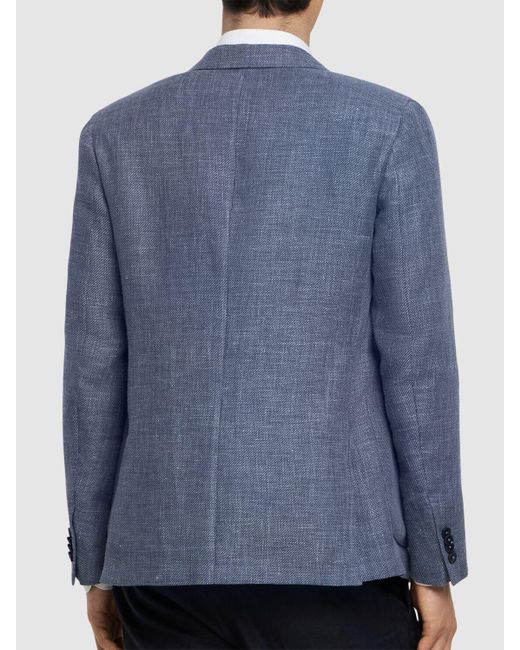 Zegna Blue Linen & Cotton Single Breasted Blazer for men