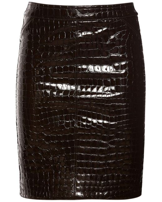 Tom Ford Black Glossy Croc Print Leather Mini Skirt