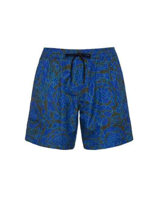 Versace Blue Barocco Printed Nylon Swim Shorts for men
