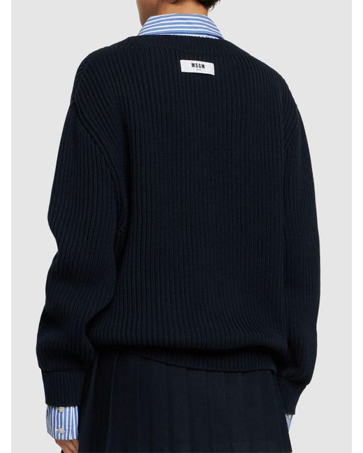 MSGM Blue Cotton V-Neck Sweater