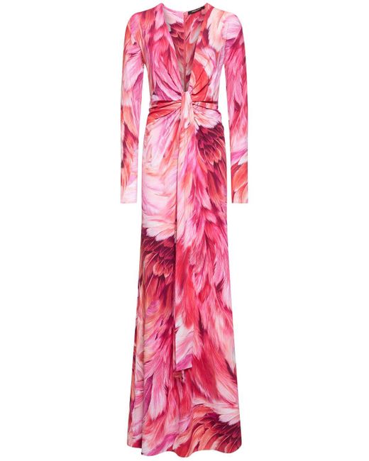 Roberto Cavalli Pink Printed Lycra Long Dress W/Knot