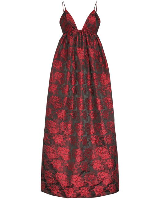 Ganni Red Langes Kleid Aus Jacquard Mit Blumenmuster
