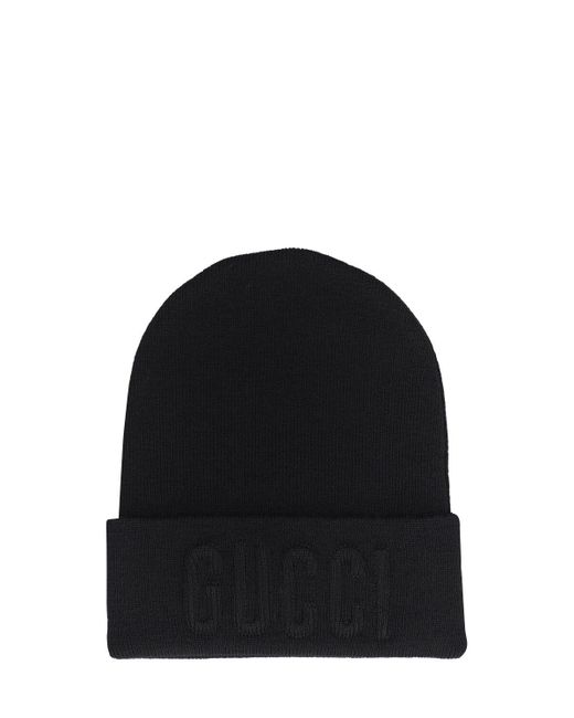 Gucci Black Embroidered Wool Knit Beanie for men