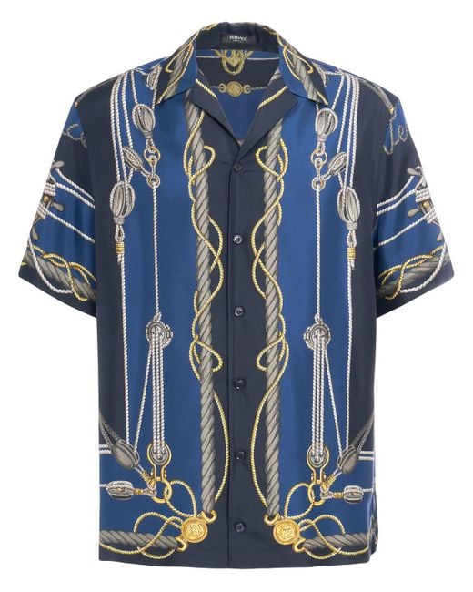 Versace Blue Short-sleeve Brand-print Regular-fit Silk Shirt for men