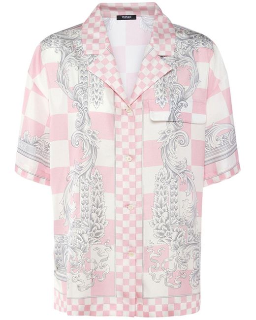 Versace Pink Silk Twill Baroque Short Sleeve Shirt