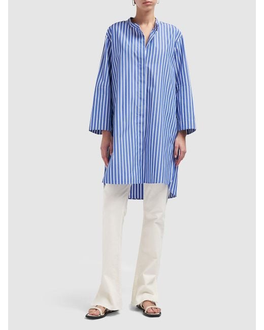 Max Mara Blue Rovigo Cotton Poplin Striped Long Shirt