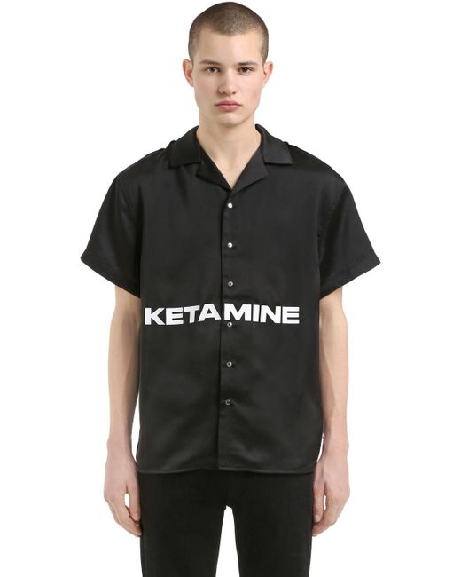 HELIOT EMIL Black Stapled Ketamine Print Satin Shirt for men