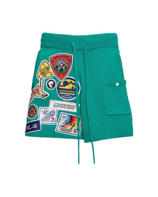 Lifted Anchors Green Embroidered Jacquard Knit Shorts for men