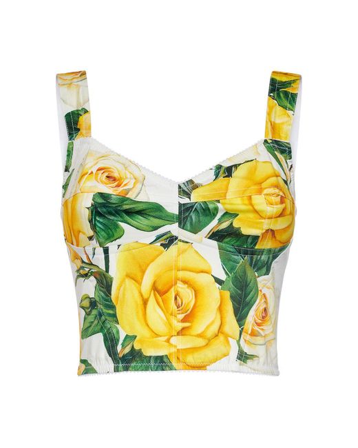 Dolce & Gabbana Yellow Rose Print Cotton Poplin Bustier Top