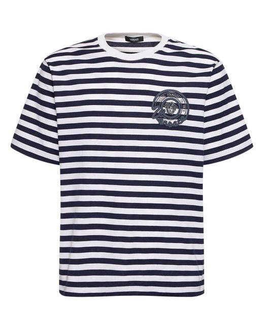 Versace Blue Logo Striped Cotton T-shirt for men