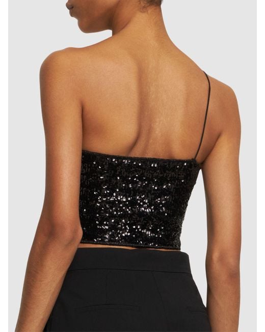 Oseree Black Sequined One-Strap Crop Top