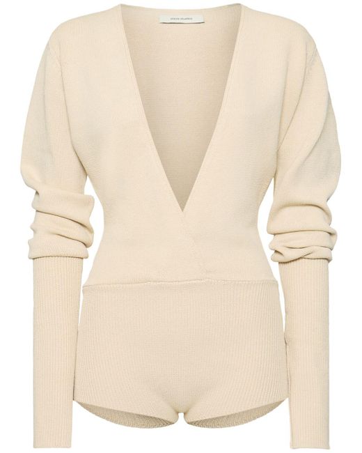 Entire studios Natural Deep V-Neck Long Sleeve Knit Bodysuit
