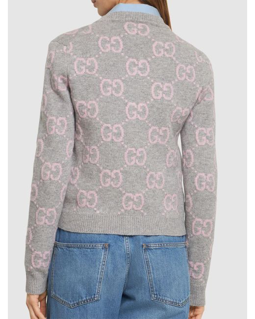 Cardigan girocollo in lana gg di Gucci in Gray
