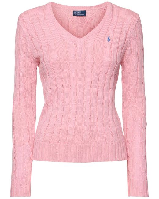 Polo Ralph Lauren Pink Kimberly V-neck Cotton Knit Sweater