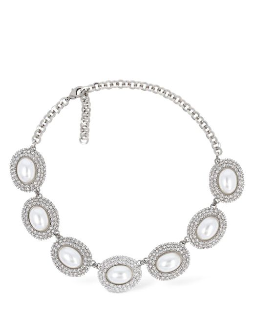 Alessandra Rich White Oval Faux Pearl & Crystal Necklace