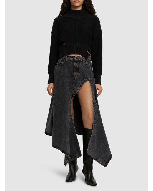 Y. Project Black Denim Asymmetric Slit Midi Skirt