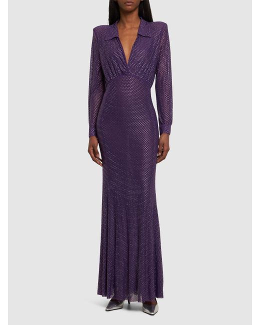 Self-Portrait Purple Embellished Mesh Maxi Dress