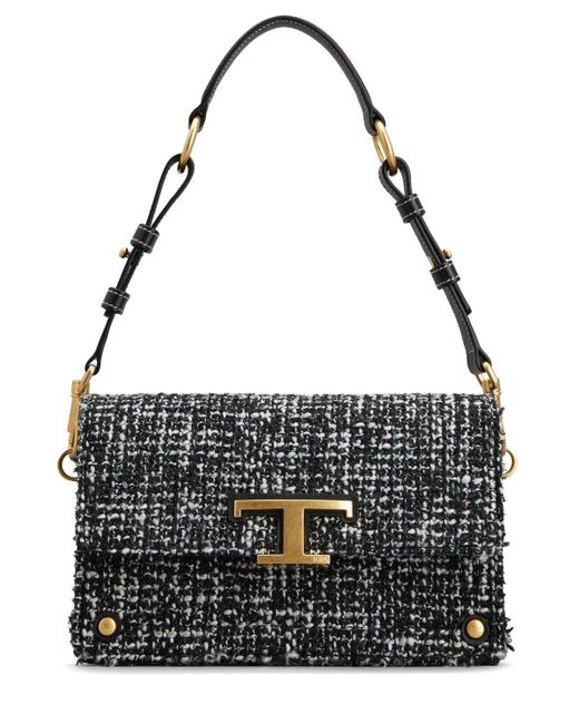 Tod's Black Cartella Mini T Tweed Shoulder Bag