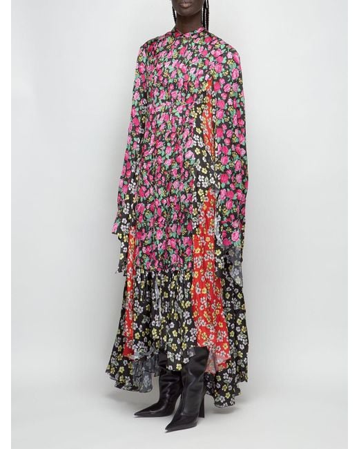 Balenciaga Printed Satin Long Dress in Pink - Lyst