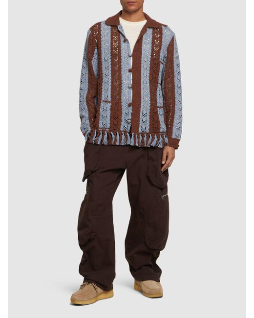 BAZISZT Brown Crocheted Cotton Overshirt for men