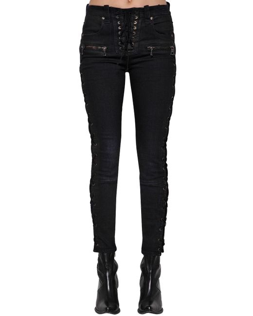 Unravel Project Side Lace Wax Cotton Denim Skinny Jeans in Black - Lyst