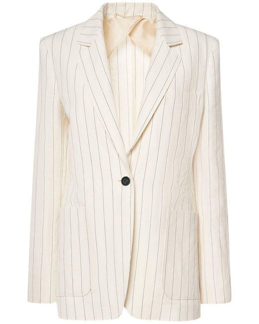 Max Mara White Cotton & Linen Pinstriped Jacket