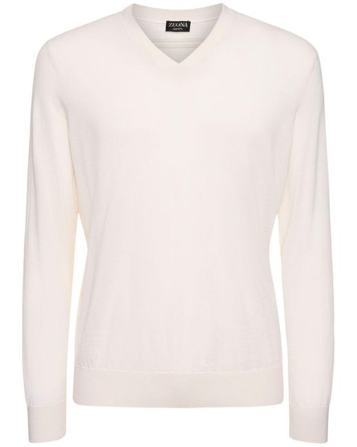 Zegna White Cashmere & Silk V Neck Sweater for men