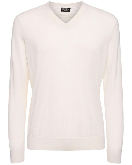 Pull en cachemire et soie à col en v Zegna pour homme en coloris White