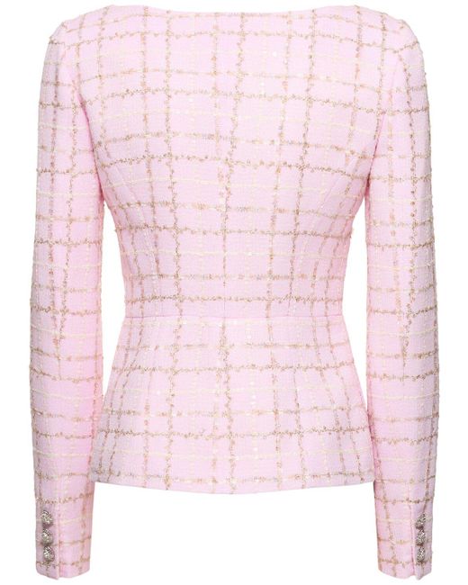 Alessandra Rich Pink Sequined Checked Tweed Round Neck Jacket